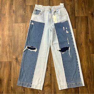 FOREVER 21 Premium Low Rise Wide Leg Distressed 100% Cotton Denim Jeans Size 28